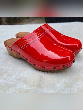 Authentic Penelope Chilvers red patent leather clogs, handcrafted in Spain